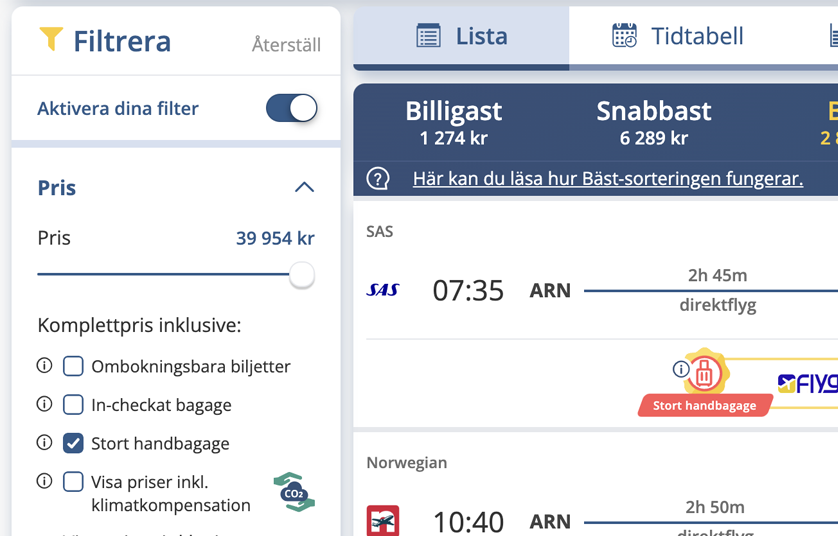 Filter i sökresultatet